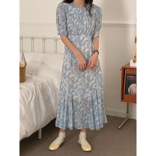 Short-Sleeve Crew Neck Floral Print Ruched Midi A-Line Dress mySite