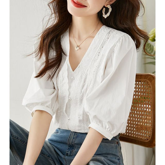 Puff-Sleeve V-Neck Plain Faux Pearl Lace Trim Blouse mySite