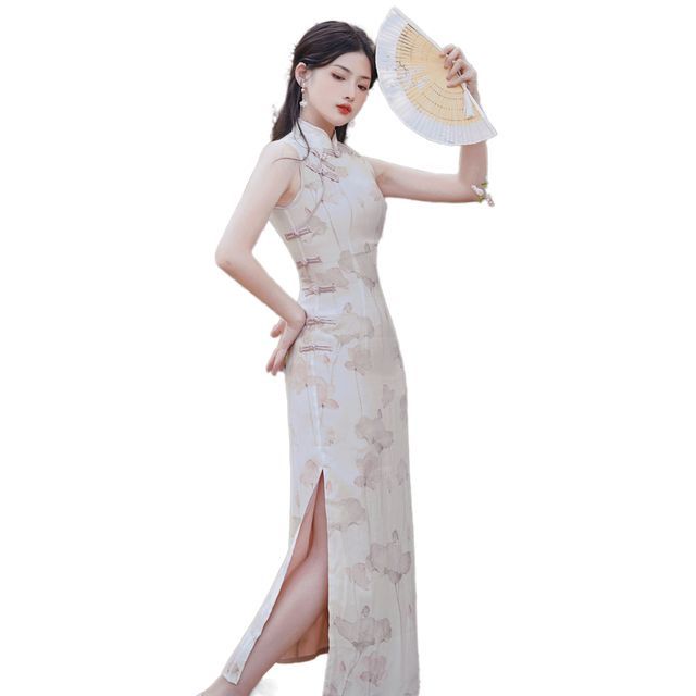 Sleeveless Floral Midi Qipao / Long Cardigan / Set SpreePicky