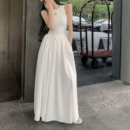 Sleeveless Plain Shirred Midi A-Line Dress SpreePicky