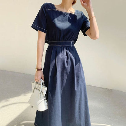 Short-Sleeve Square Neck Contrast Stitching Open Back Midi A-Line Dress SpreePicky