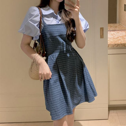 Puff-Sleeve Plain Blouse / Spaghetti Strap Square Neck Striped Denim Mini A-Line Dress SpreePicky