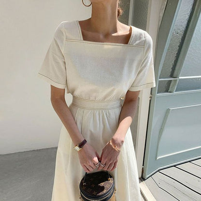 Short-Sleeve Square Neck Contrast Stitching Open Back Midi A-Line Dress SpreePicky