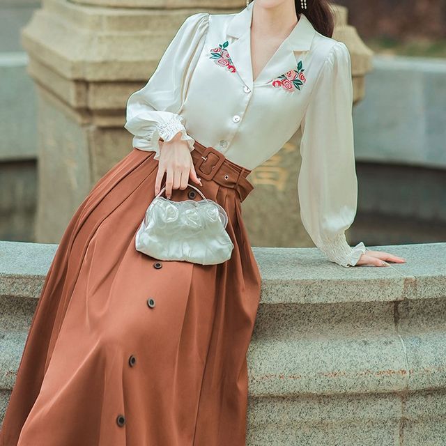 Long-Sleeve Collared Floral Embroidered Blouse / High Waist Plain Pleated Belted Midi A-Line Skirt / Set SpreePicky