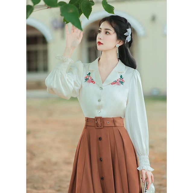 Long-Sleeve Collared Floral Embroidered Blouse / High Waist Plain Pleated Belted Midi A-Line Skirt / Set SpreePicky