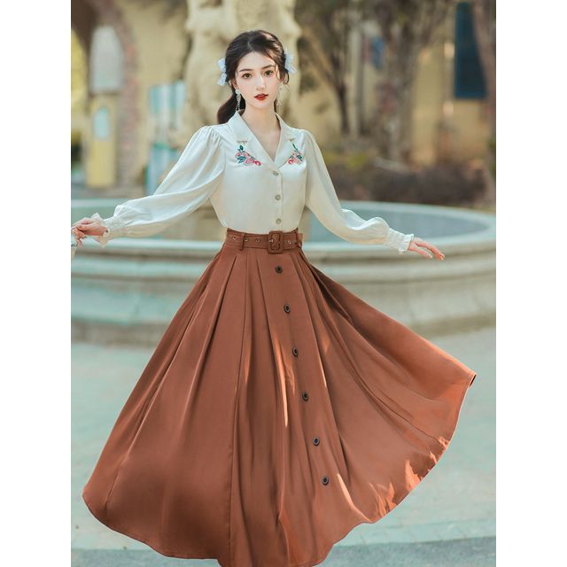 Long-Sleeve Collared Floral Embroidered Blouse / High Waist Plain Pleated Belted Midi A-Line Skirt / Set SpreePicky