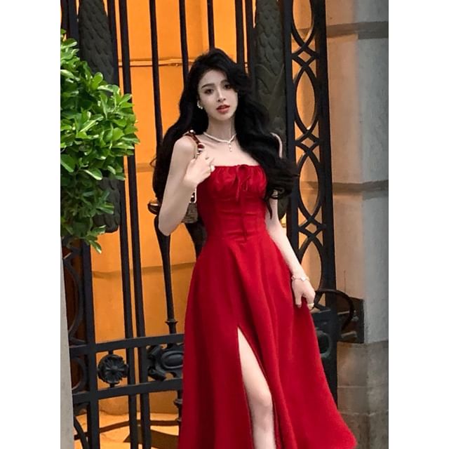 Spaghetti Strap Square Neck Plain Slit Midi A-Line Dress SpreePicky