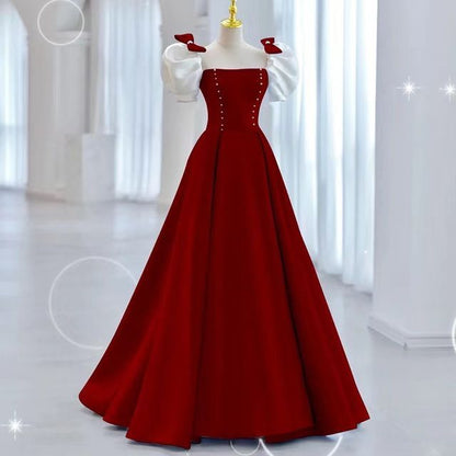 Puff-Sleeve Two Tone Bow A-Line Evening Gown SpreePicky