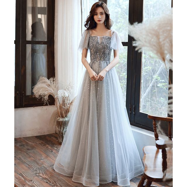 Cap-Sleeve Sequin Mesh Panel A-Line Evening Gown / Midi Dress SpreePicky