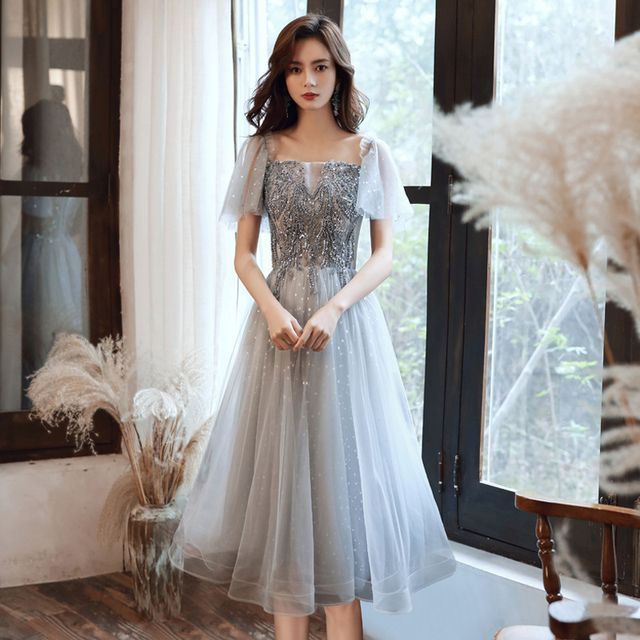 Cap-Sleeve Sequin Mesh Panel A-Line Evening Gown / Midi Dress SpreePicky