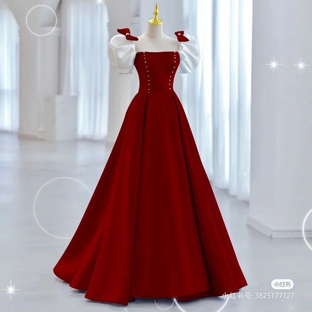 Puff-Sleeve Two Tone Bow A-Line Evening Gown SpreePicky