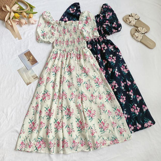 Square-Neck Puff-Sleeve Ruched Floral A-Line Dress mySite