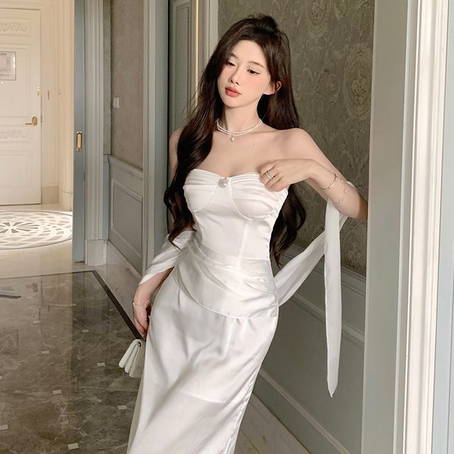 Strapless Plain Bodycon Gown Evening Shirred FashionChic