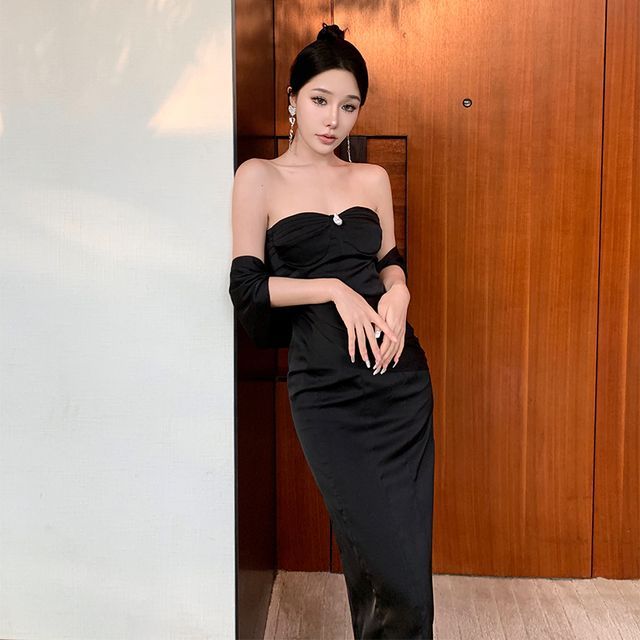 Strapless Plain Bodycon Gown Evening Shirred FashionChic