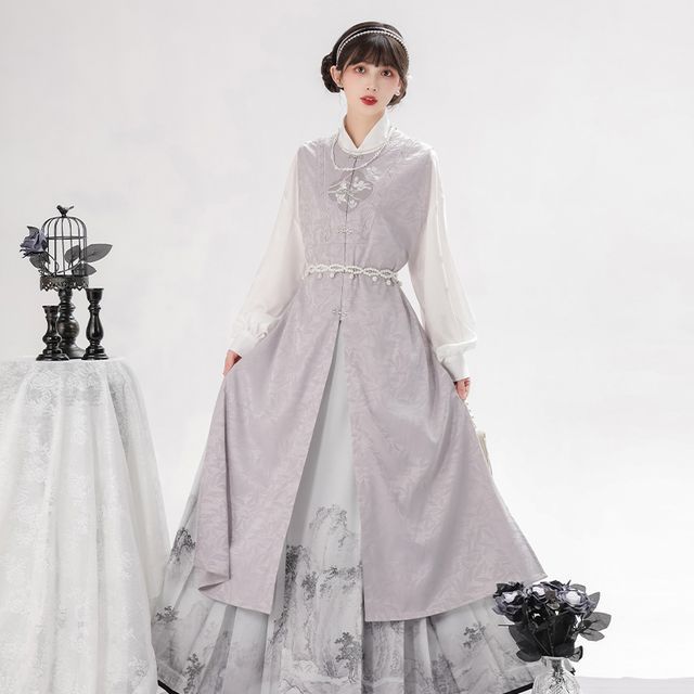 Long-Sleeve Floral Print Traditional Chinese Costume Set SpreePicky