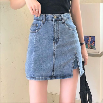 High Waist Slit Denim Mini Pencil Skort mySite