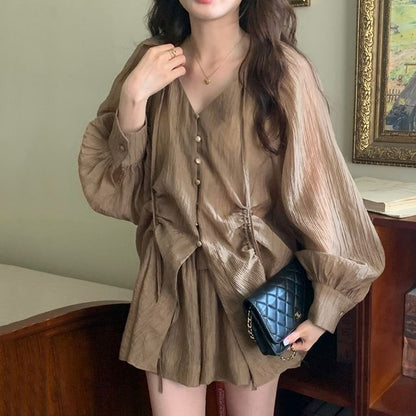 Set: Long-Sleeve V-Neck Drawstring Blouse + High Waist Wide Leg Shorts mySite