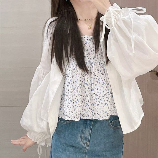 Puff-Sleeve Plain Light Jacket / Floral Flowy Camisole Top mySite