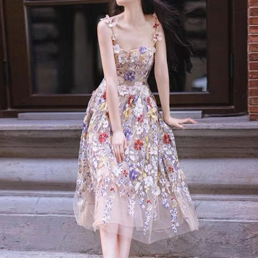 Spaghetti Strap Floral Print Mesh Midi A-Line Evening Dress SpreePicky