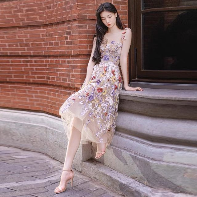 Spaghetti Strap Floral Print Mesh Midi A-Line Evening Dress FashionChic