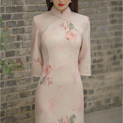 3/4-Sleeve Floral Print Faux Pearl Faux Suede Midi Sheath Qipao SpreePicky