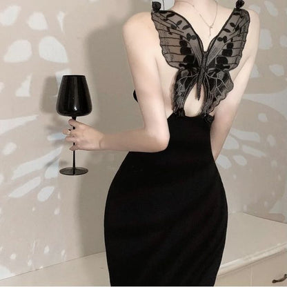 Halter-Neck Butterfly Applique Back Bodycon Evening Gown mySite