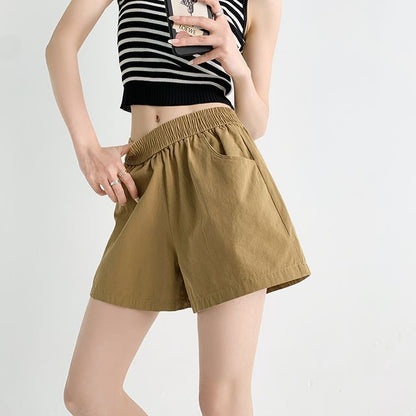 Elastic Waist Plain Shorts SpreePicky