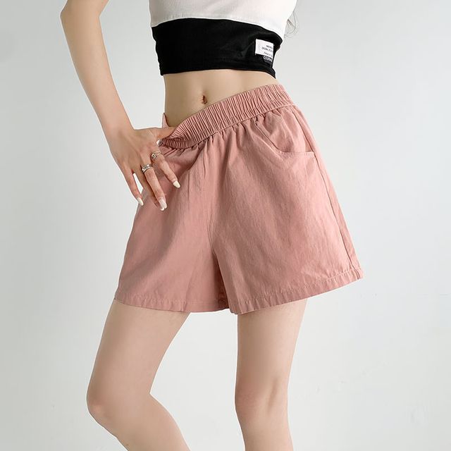 Elastic Waist Plain Shorts SpreePicky