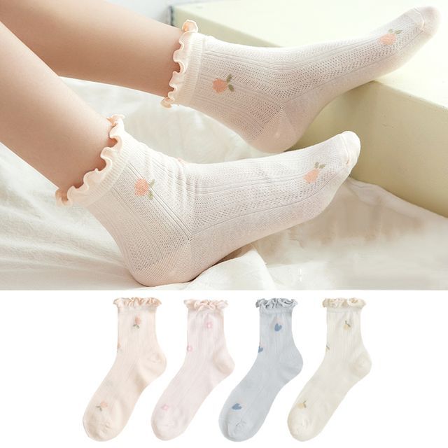 Set of 4 Pairs: Floral Print Lettuce Edge Socks SpreePicky