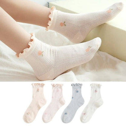 Set of 4 Pairs: Floral Print Lettuce Edge Socks SpreePicky