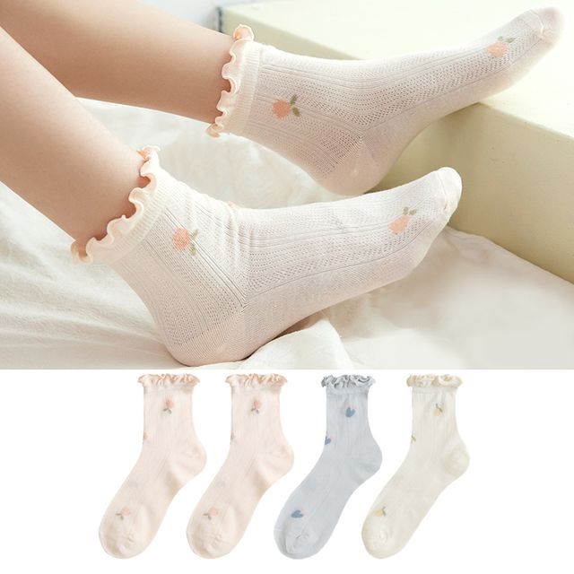 Set of 4 Pairs: Floral Print Lettuce Edge Socks SpreePicky