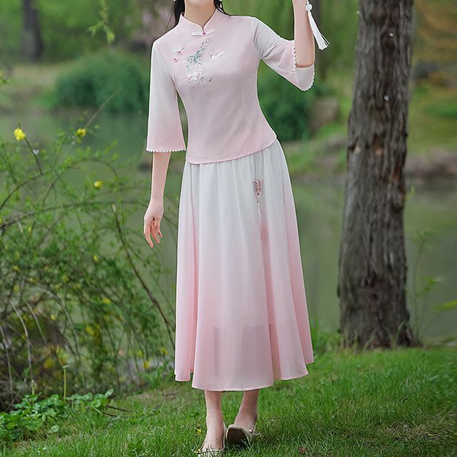 Traditional Chinese 3/4-Sleeve Top / High Rise Midi A-Line Skirt SpreePicky