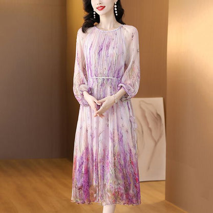 Long-Sleeve Crew Neck Floral Print Midi A-Line Dress SpreePicky