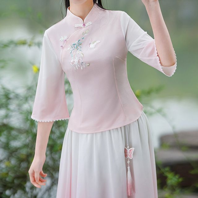 Traditional Chinese 3/4-Sleeve Top / High Rise Midi A-Line Skirt SpreePicky