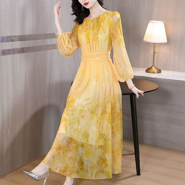 Long-Sleeve Crew Neck Print Maxi A-Line Dress SpreePicky