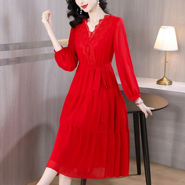 Long-Sleeve V-Neck Lace Trim Midi A-Line Dress SpreePicky