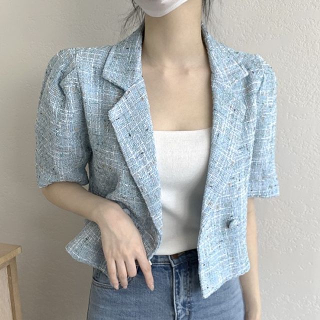 Short-Sleeve Double Breasted Plaid Crop Blazer SpreePicky