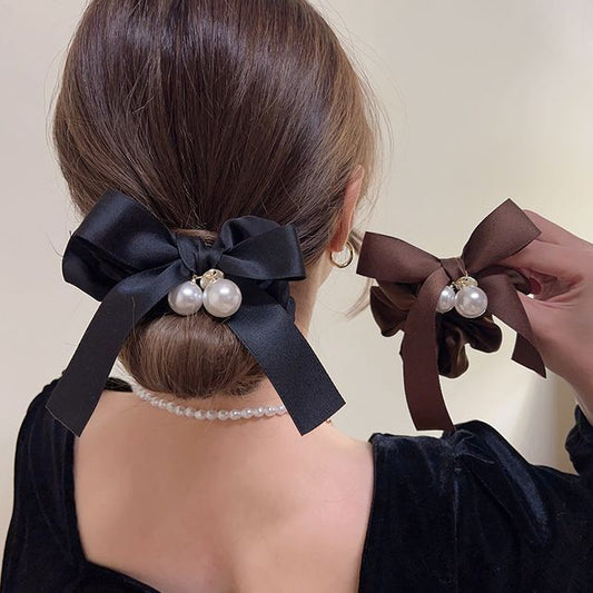 Ribbon Faux Pearl Hair Tie SpreePicky