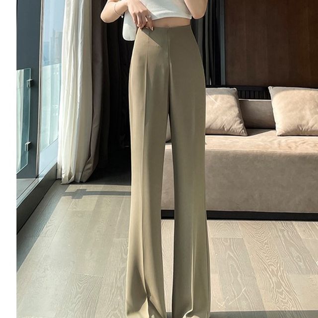 (Various Designs) Rise High Flared Plain Pants FashionChic