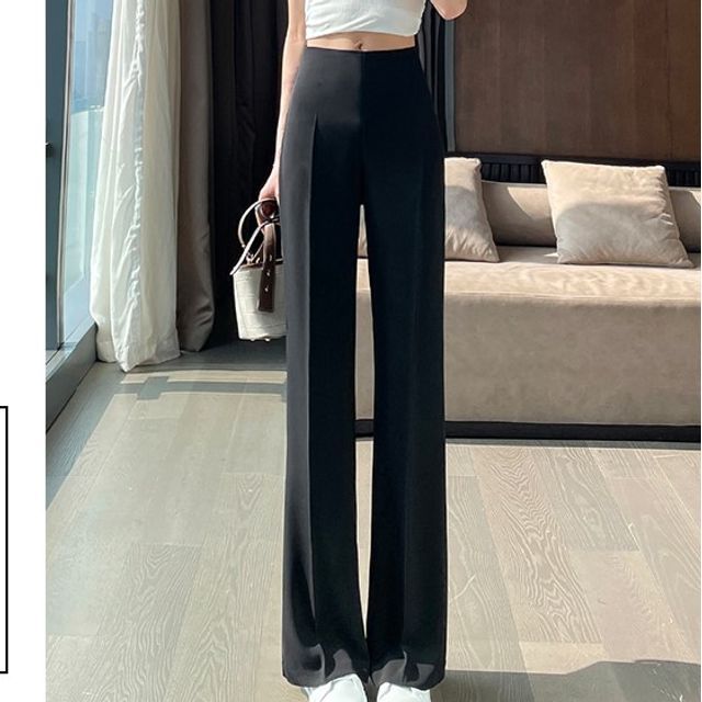 (Various Designs) Rise High Flared Plain Pants FashionChic