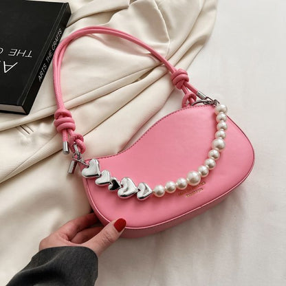 Faux Leather Faux Pearl Strap Shoulder Bag SpreePicky