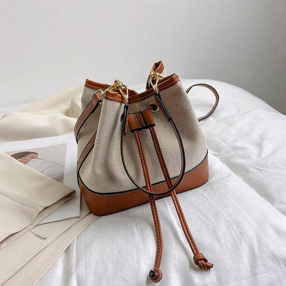 Faux Leather Panel Drawstring Bucket Bag SpreePicky