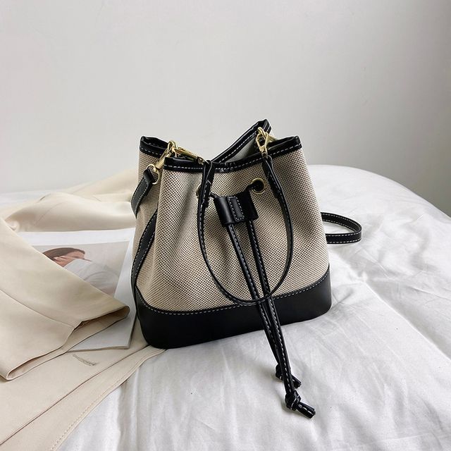 Faux Leather Panel Drawstring Bucket Bag SpreePicky