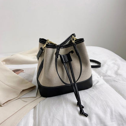 Faux Leather Panel Drawstring Bucket Bag SpreePicky