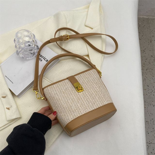 Woven Top Handle Buckled Bucket Bag SpreePicky