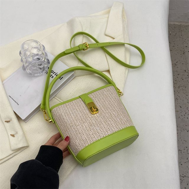 Woven Top Handle Buckled Bucket Bag SpreePicky