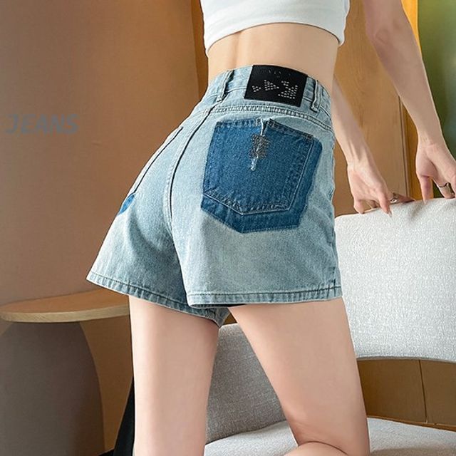 High Waist Embroidered Applique Denim Hot Pants SpreePicky