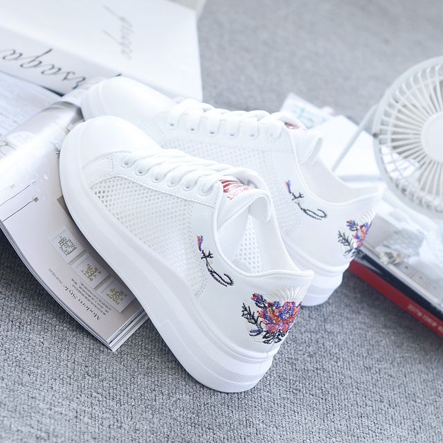 Floral Embroidered Mesh Panel Platform Sneakers SpreePicky