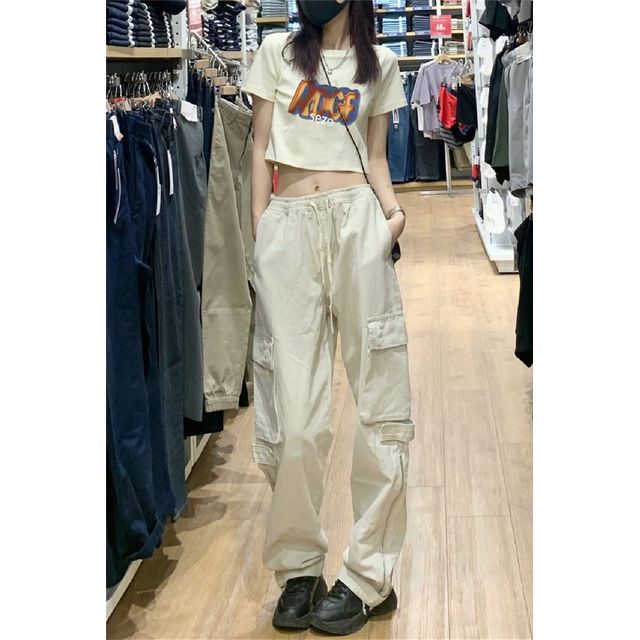 Low Rise Plain Drawstring Cargo Baggy Pants SpreePicky