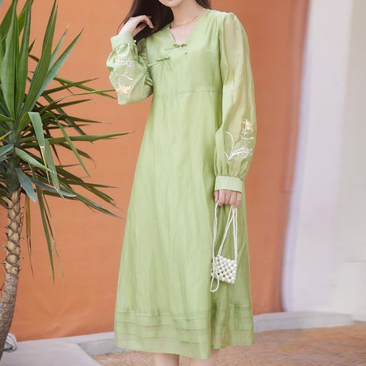 Puff-Sleeve Floral Embroidered Frog Buttoned Ruffled Midi A-Line Dress SpreePicky